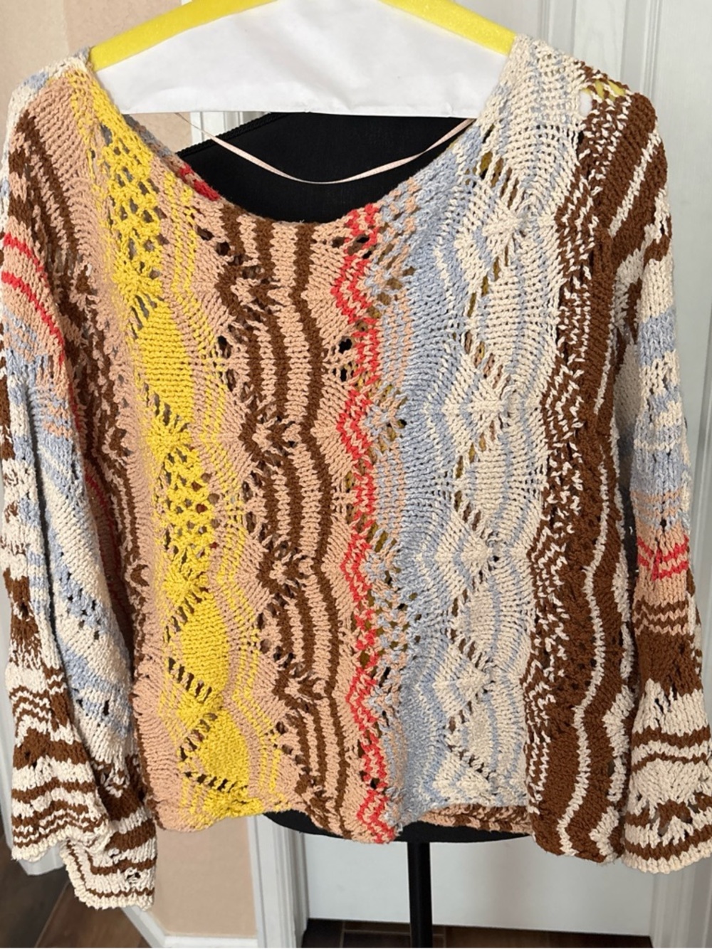 Free People Multicolor Openwork Knit Sweater in Brown, Yellow, Blue, Cream